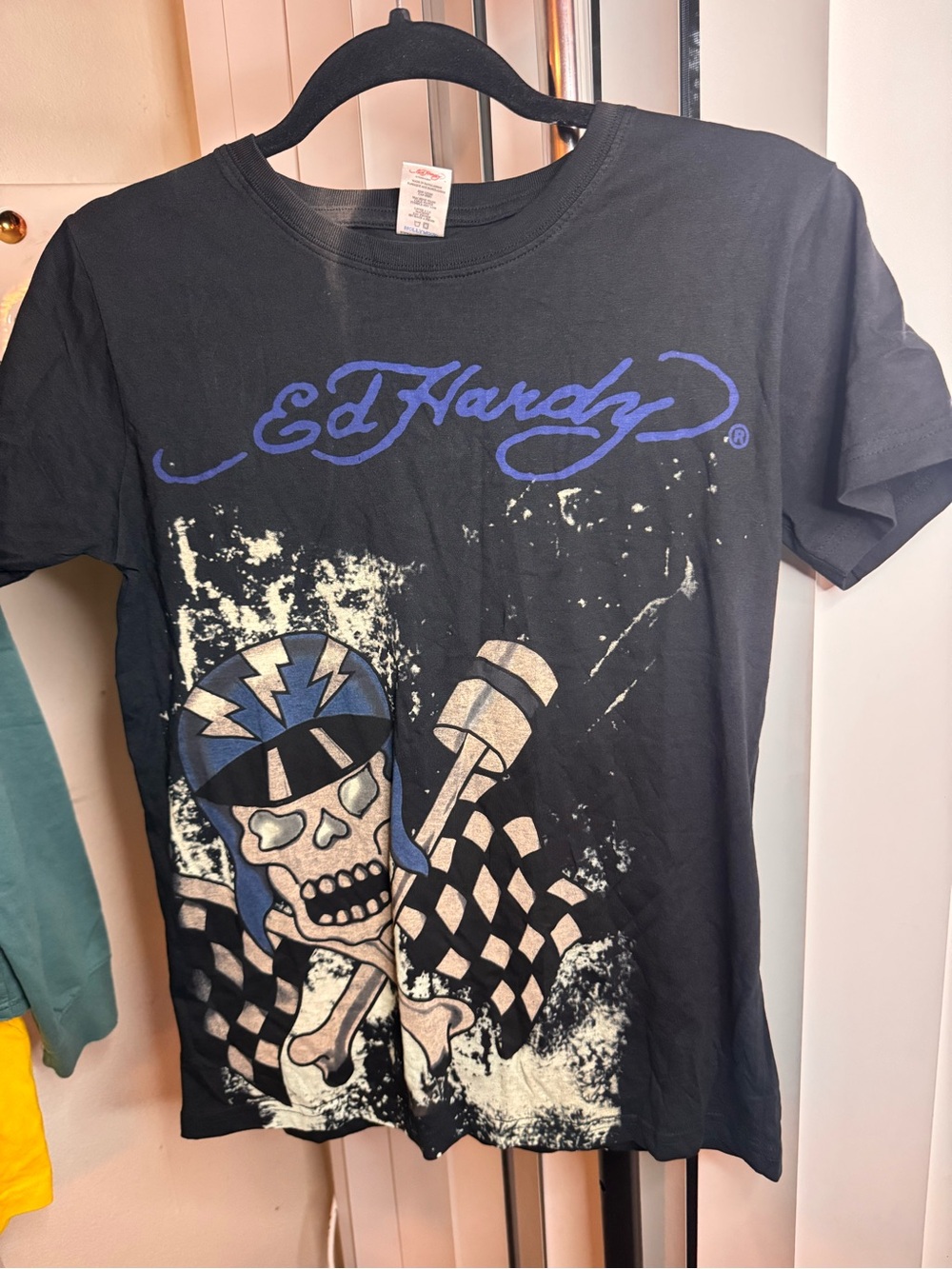 Ed Hardy Black Tee with Blue Script and Cream Skull Graphic